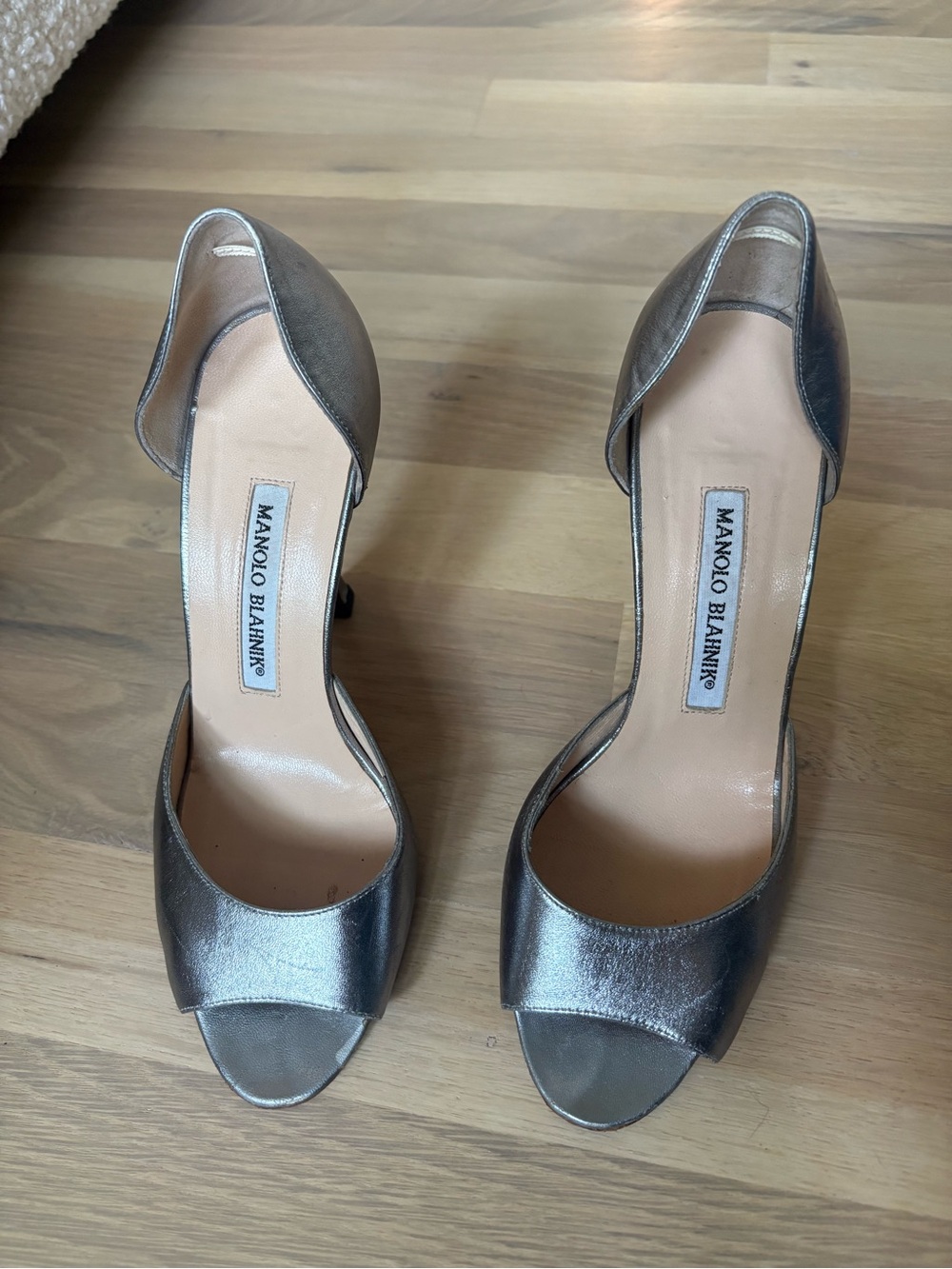 Manolo Blahnik Metallic Silver Open-Toe D'Orsay Heels